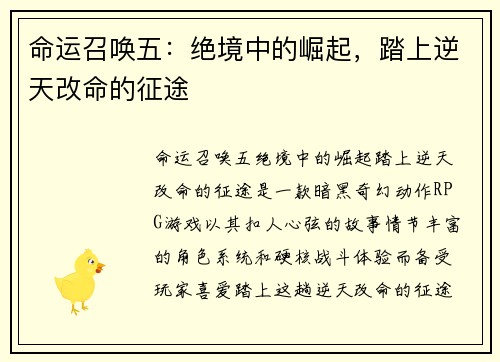 命运召唤五：绝境中的崛起，踏上逆天改命的征途